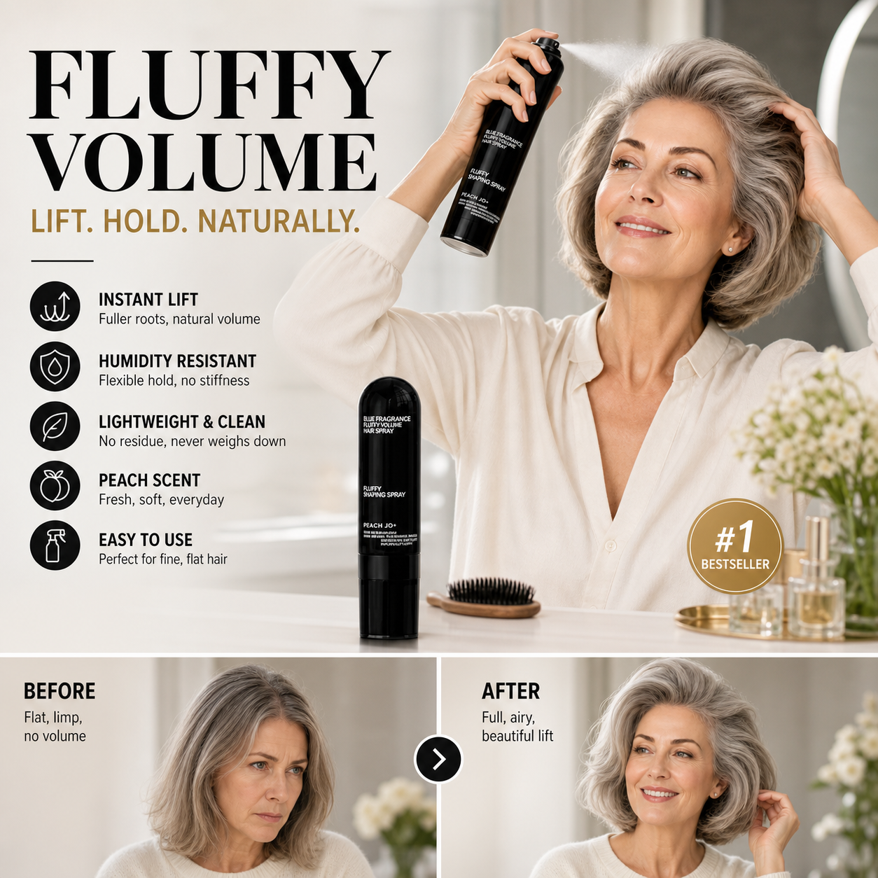 Limited Stock!!! RZXEA™  Fluffy Hair Shaping Spray, Long Lasting Peach Scent Volumizing Hair Mist for All-Day Hold